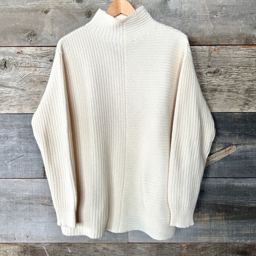 Theory Womens Myrtle Oversized Funnel Neck Wool Blend Sweater M Ivory Luxury Rib